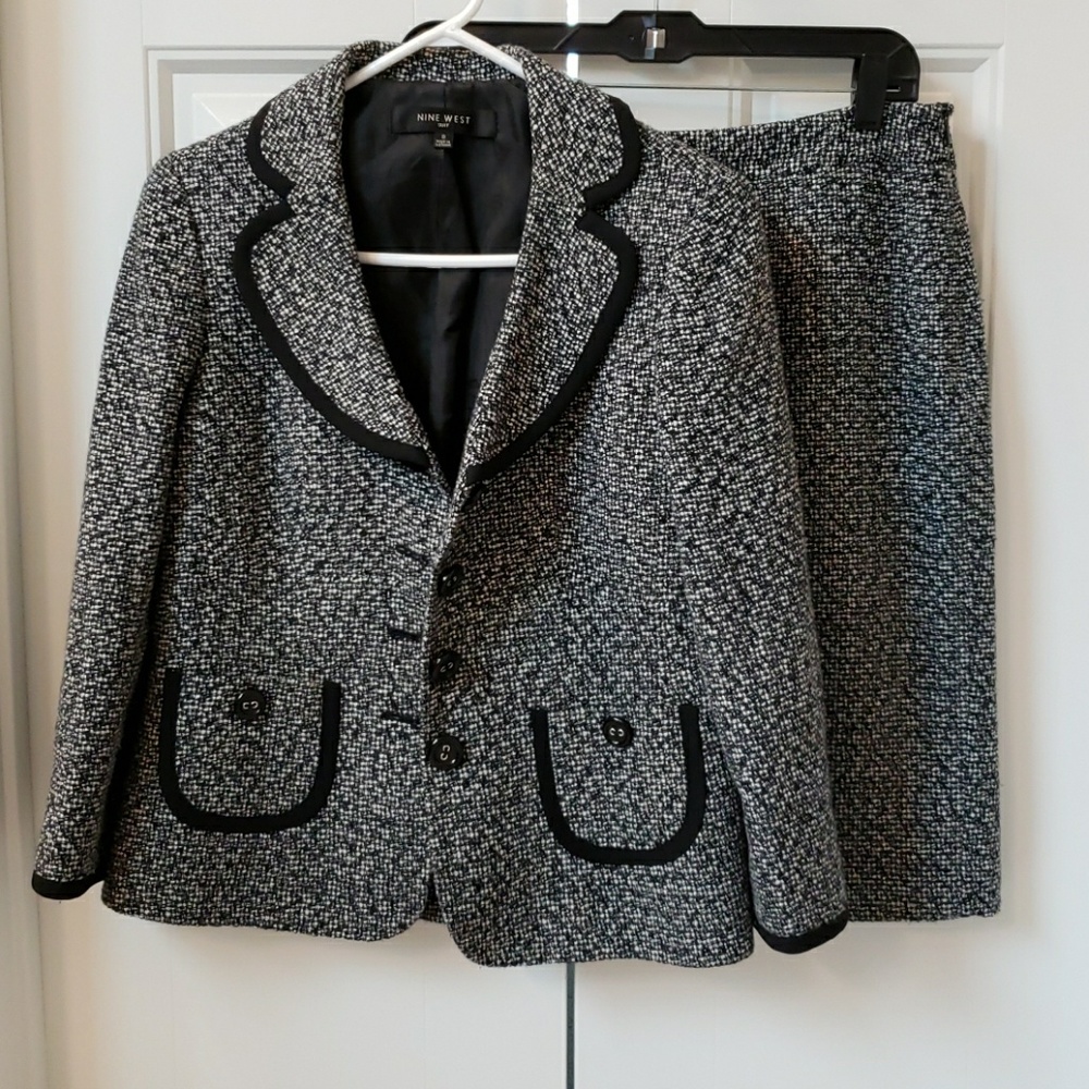 Black and white tweed pencil skirt suit